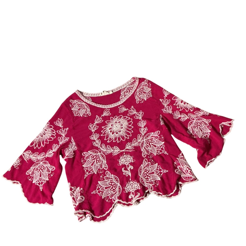 Solitaire Pink Boho Floral Embroidered Boho Bell Sleeve‎ Blouse Top XS/S
